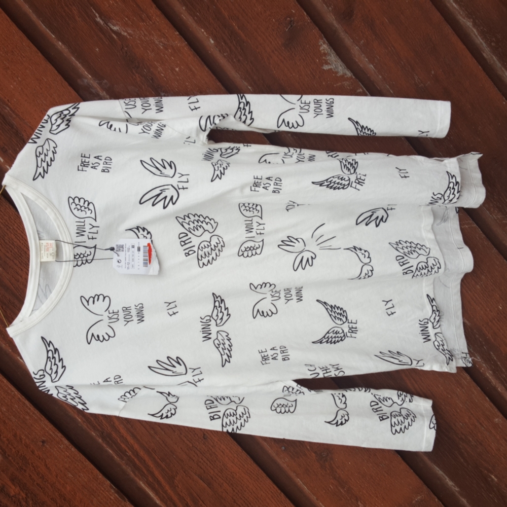 NWT Zara Girls White With Angel Wings Long Sleeve T-Shirt Size11/12